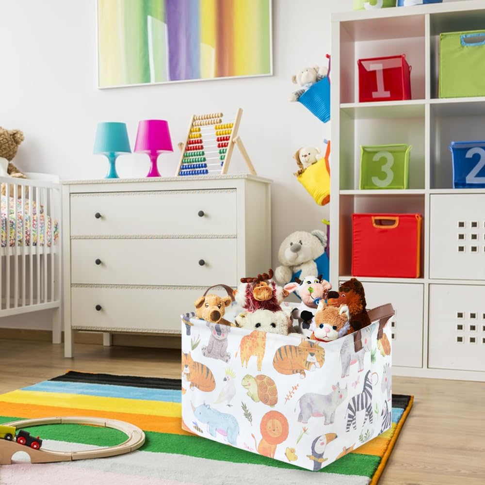 Fxocshe Rectangular Baby Storage Baskets, Foldable Jungle Waterproof Storage Basket,Woodland Laundry Hamper,Bedroom Game Room De