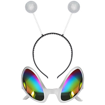 Cheerin Silver Alien Headband And Glasses - Martian Antenna Headband - Glitter Ball Head Boppers - Space Theme Costume - Alien C