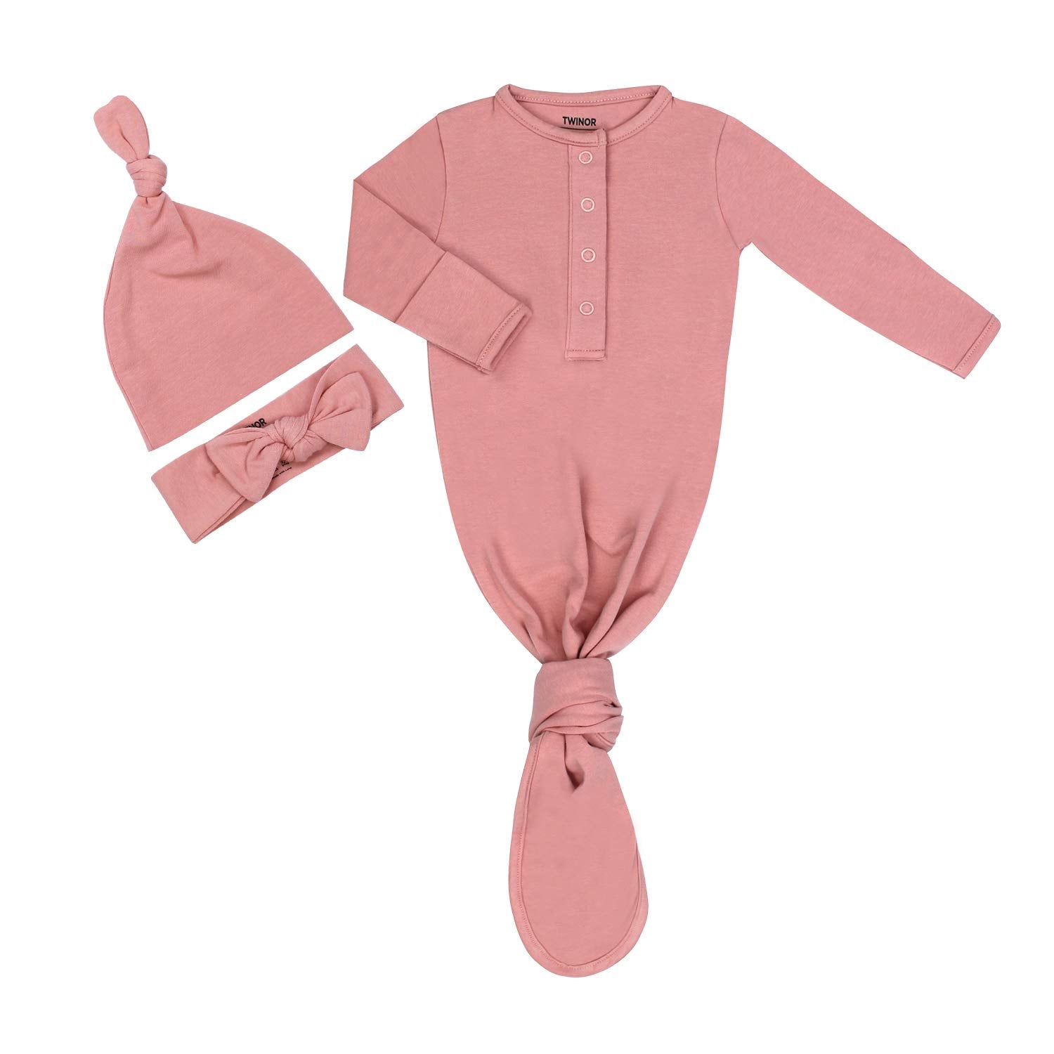 Twinor Plain Knotted Baby Gown With Headband Hat Infant Sleeper For Baby Girl And Boy Pink