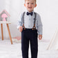 Disaur Toddler Boy Wedding Outfits Blue Dark Blue Long Sleeve Dress Shirt Bow Tie Suspender Pants Baptism Outfits For Boys 12 Mo