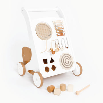 GATHRE Baby Activity Walker | Wooden Push Baby Walker with Wheels | Busy Board and Toys Included | Great for Ages 12+ Months | E
