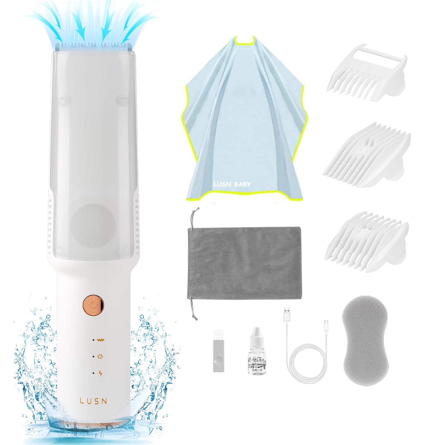 Lusn Baby Hair Clipper With Vacuum, Kids Hair Clippers Kit With 3 Guide Combs & 18 Piece, Ipx7 Waterproof, Vacuum & Cordless Use
