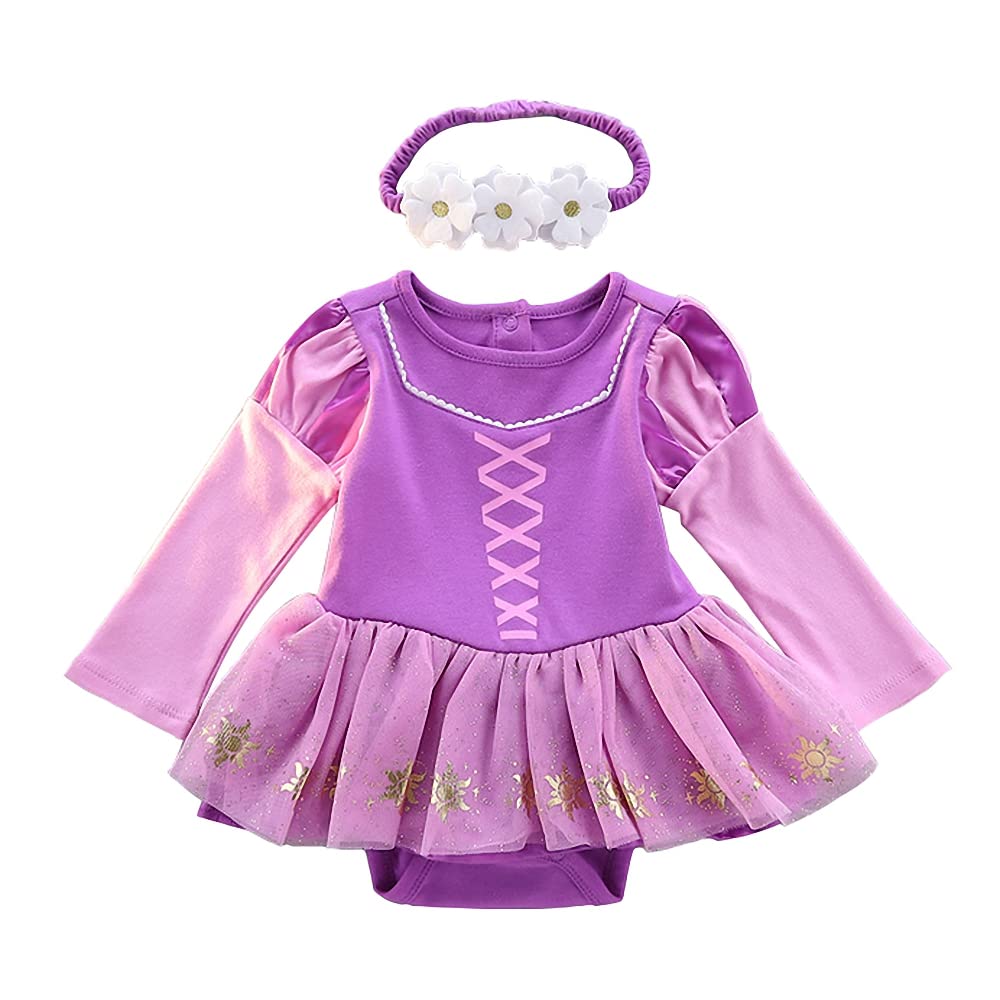 Dressy Daisy Baby Girls Princess Onesie Costume Romper Bodysuit Halloween Birthday Dress Up With Headband Purple Size 3-6 Months