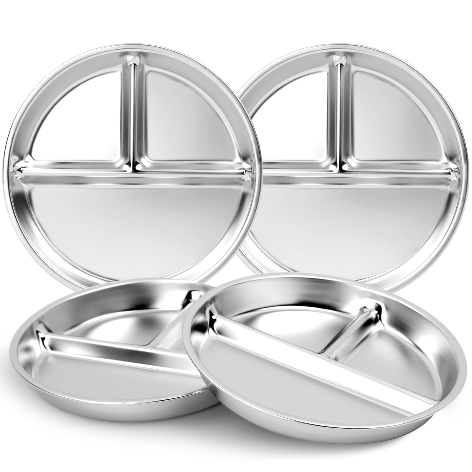 Bakpoco Stainless Steel Kids Plates 4 Packs, Deepened 9 Portion Control Plate Divided Plate for Toddlers Adults Family Bariatric