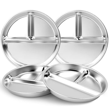 Bakpoco Stainless Steel Kids Plates 4 Packs, Deepened 9 Portion Control Plate Divided Plate for Toddlers Adults Family Bariatric