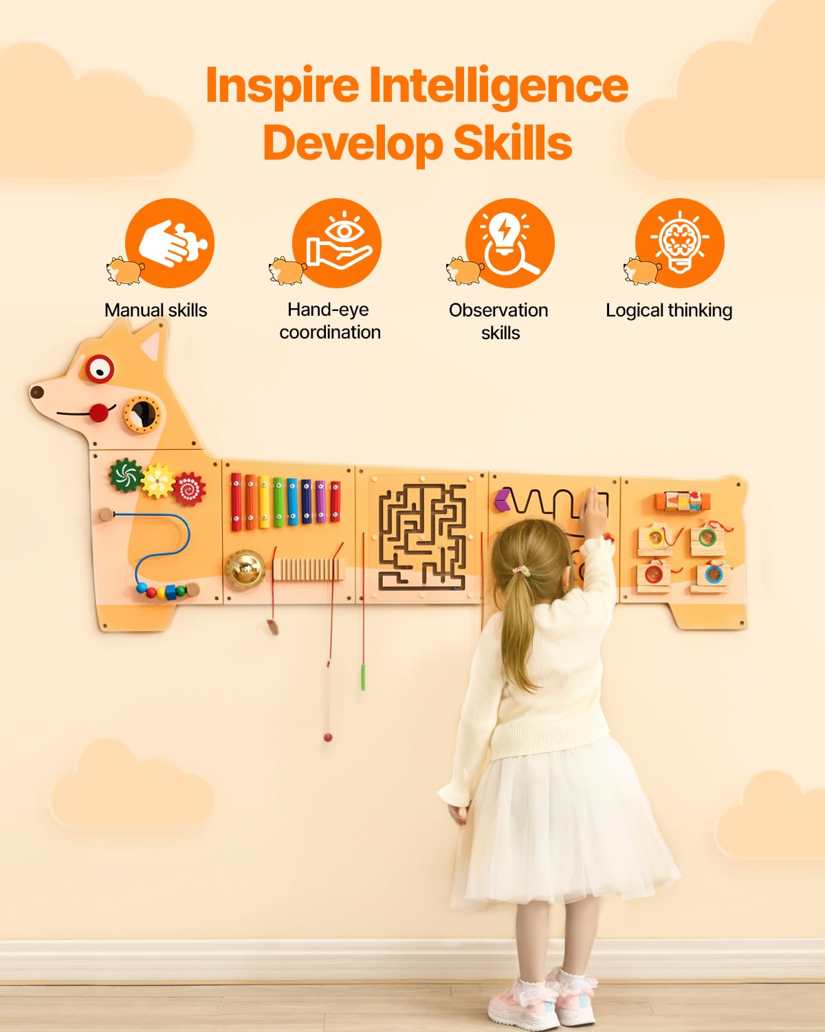 VEVOR Dog Activity Busy Board Wall, 12 Wall Activities Board, Montessori Sensory Wall Panel for Kids 3-12 Years, Sensory Wall Ac