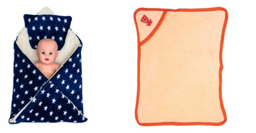 CTMKIDS Baby Wrap with Cushion Cap for Kids 74x84 cm  Navy Blue & Hooded Baby Blanket for Kids 66x92 cm  Peach