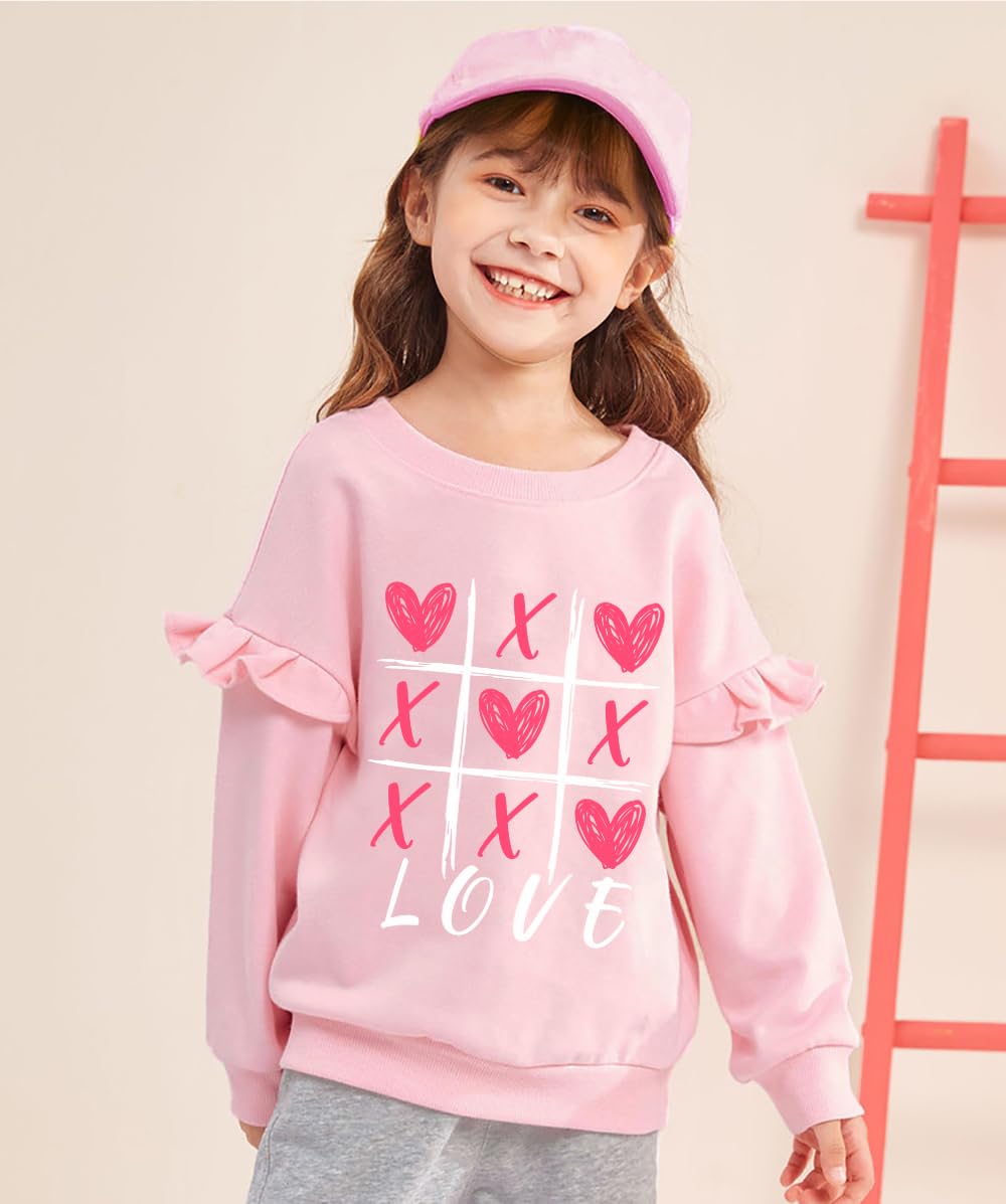 Little Hand Toddler Girls Love Heart Sweatshirts Valentines Day Ruffle Sleeve Pink Shirts Clothes 2T