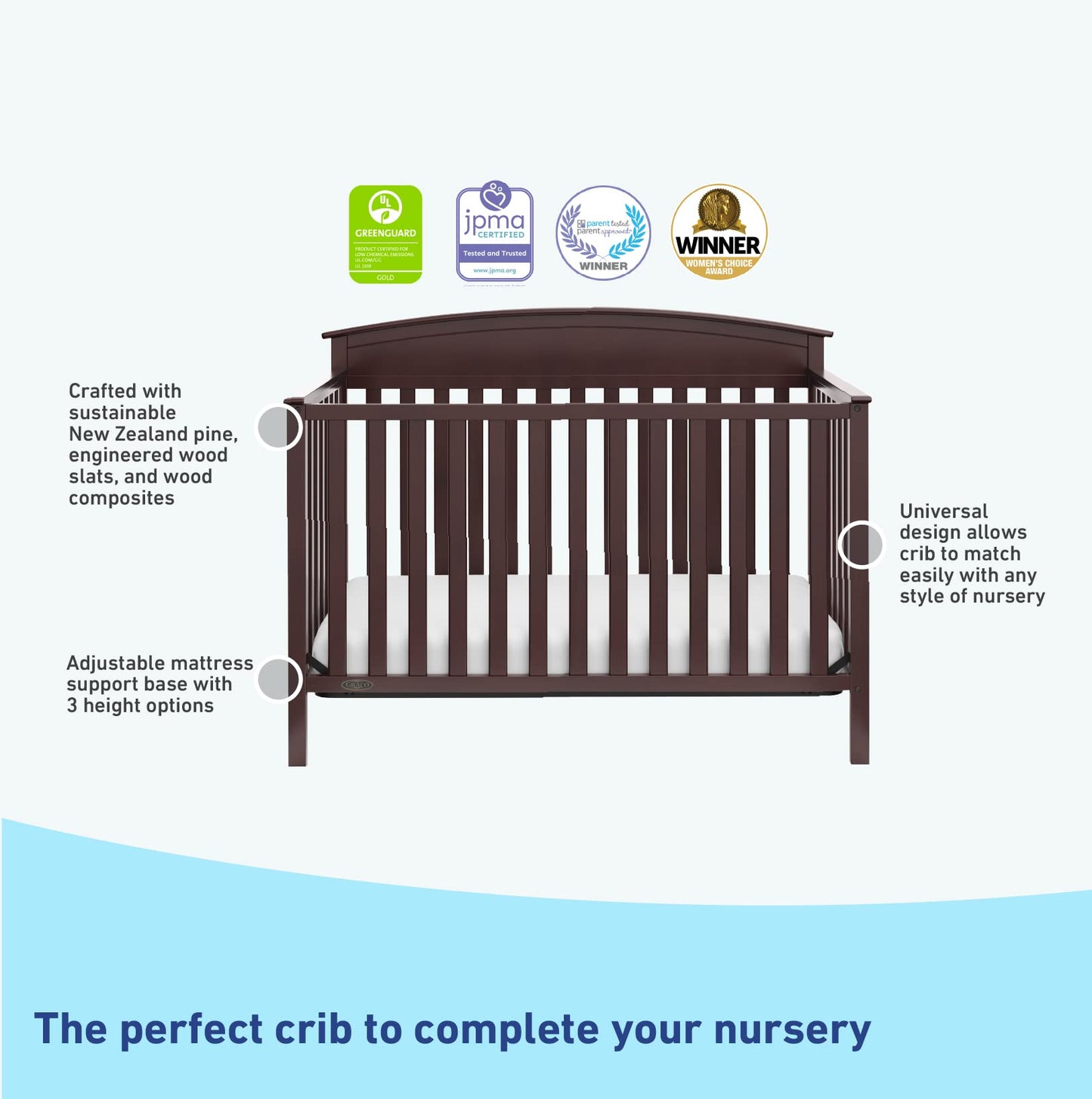 Graco Benton 5-In-1 Convertible Crib (Espresso) - Greenguard Gold Certified, Converts From Baby Crib To Toddler Bed, Daybed And