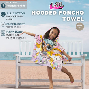 Franco Lol Surprise! Kids Beach/Pool/Bath/Camping Hooded Towel Poncho 24' X 22', Absorbent Cotton Cover Up, (Official Mga Prod