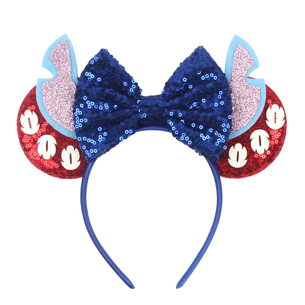 Foeran Mouse Ears Headband With Shiny Bows, Pink Ears Dark Blue (One Size, Polyester, Hairband, For Girls Women, Perfect For Amu