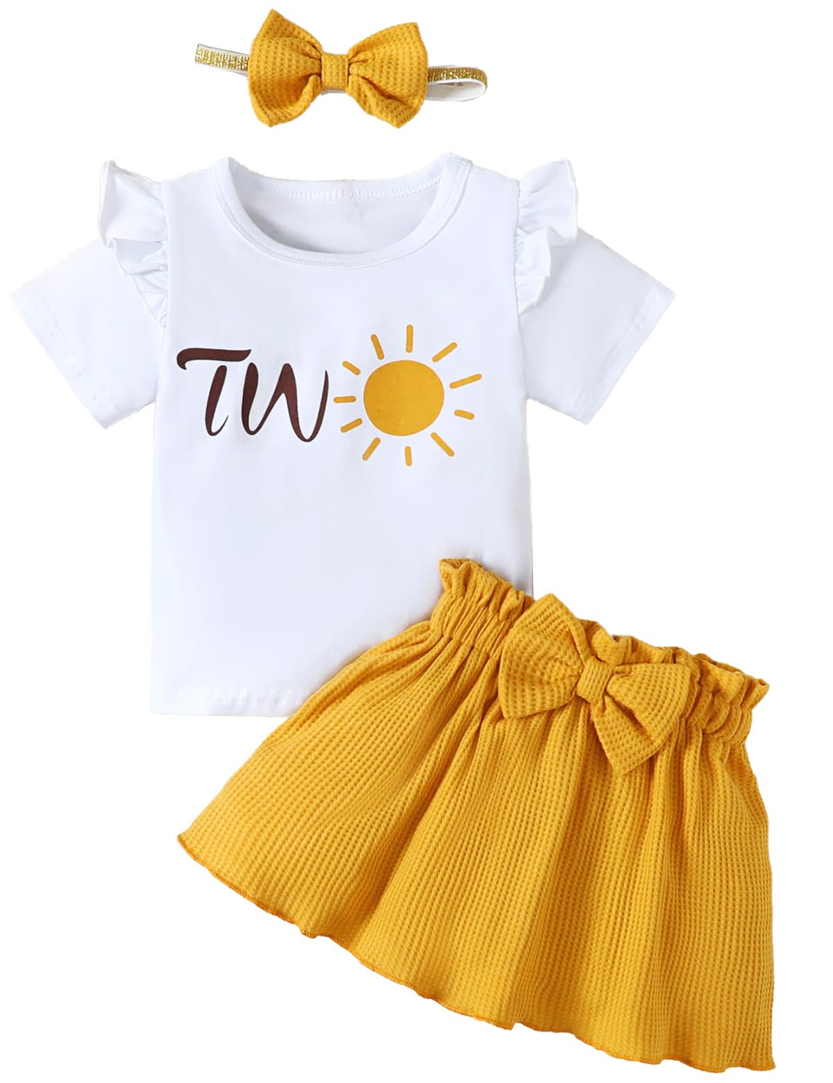 Aslaylme Baby Girl Two Year Old Birthday Outfit Toddler 2Nd Birthday Clothes Second Birthday Sun Skirt Set (Yellow,2 T)