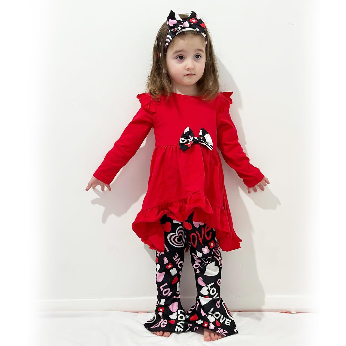 Hintina 18 Month Infant Baby Girl Valentine'S Day Outfits Toddler Ruffle Long Sleeve Tunic Red Heart Bell Bottom Flared Pants Wi