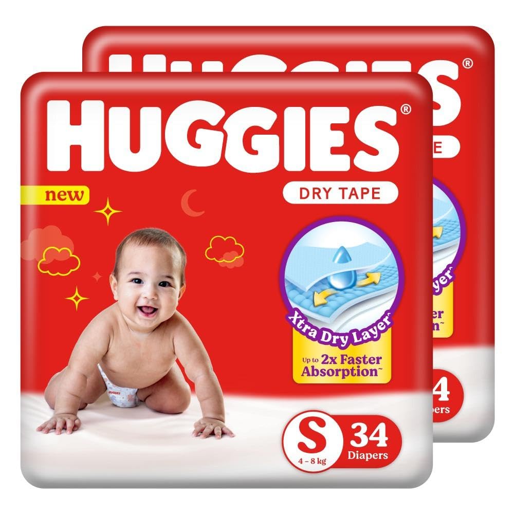 Huggies Dry Tape | Adjustable Tape Style Baby Diapers, Small (S) Size (48 Kgs), Combo Pack Of 68 | Up To 2X Faster Absorption, 