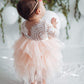 2Bunnies Girl Peony Lace Back A-Line Tiered Tutu Tulle Flower Girl Dress (Pink 3/4 Sleeve Short, 2T)