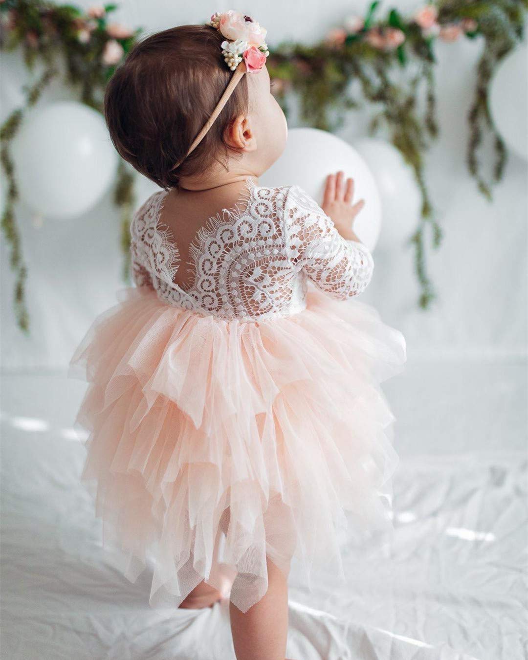 2Bunnies Girl Peony Lace Back A-Line Tiered Tutu Tulle Flower Girl Dress (Pink 3/4 Sleeve Short, 7-8Yrs)
