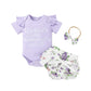 Catpapa 3Pcs Newborn Baby Girl Romper Jumpsuit Bodysuit +Pants Shorts+Headband Outfit Set (6-9 Months, Pur-Short)