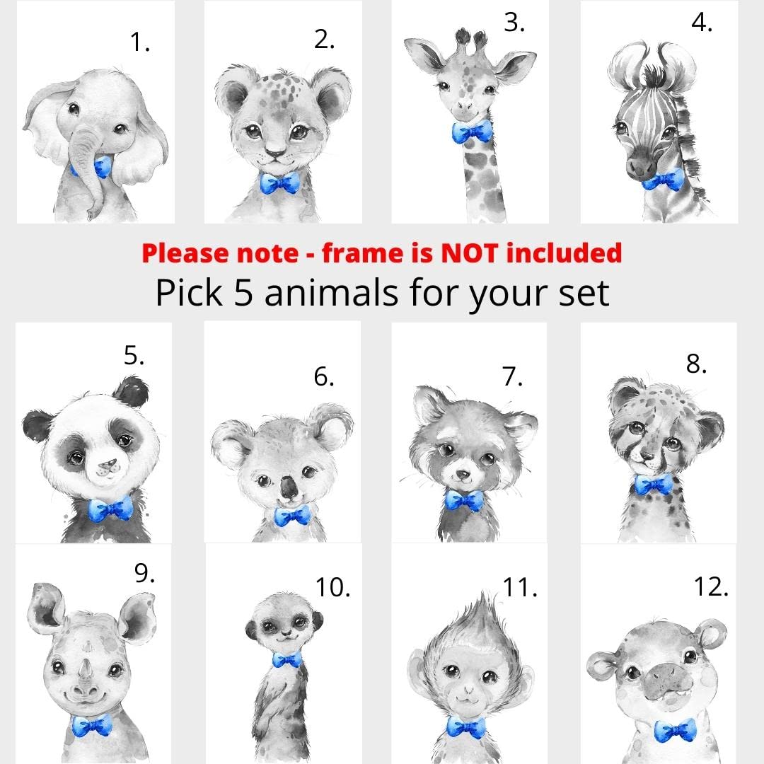 Personalized Safari Animals For Baby Boys Nursery Bedroom Unframed Set Of 6 Poster Prints, Personalized Name Blue Green Yellow B