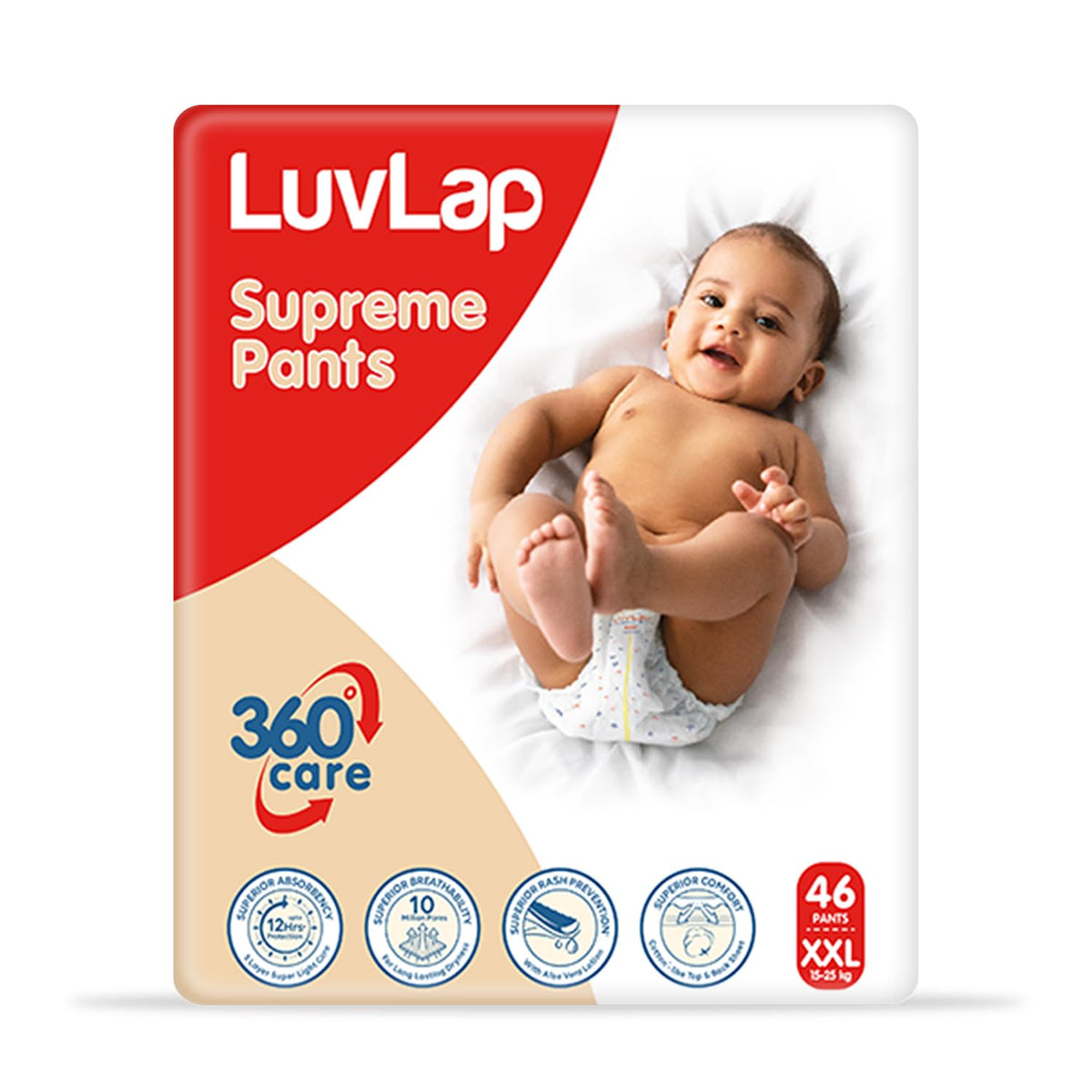 Luvlap Unisex Supreme Diaper Pants Xxl, 1525Kg, 46Pc, 360 Skin Care With 10 Million Breathable Pores, Aloe Vera For Superior Ra