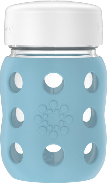 Lifefactory 8-Ounce Wide Neck Glass Baby Bottle With Protective Silicone Sleeve And Flat Cap, Denim (Lg2231Wde4)