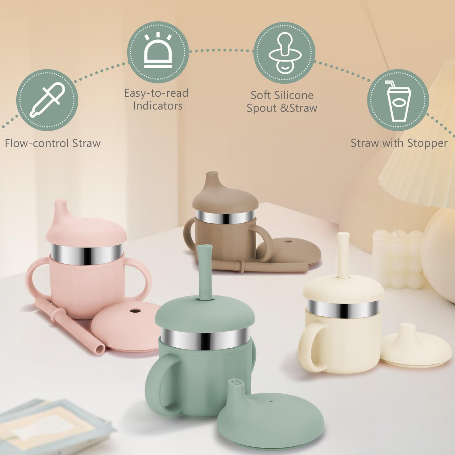 Esofficce Baby Sippy Cups, 7.4 Oz Stainless Steel Training Cup With Silicone Straws, 3 Stages For Infants Toddlers 6-12 Month An
