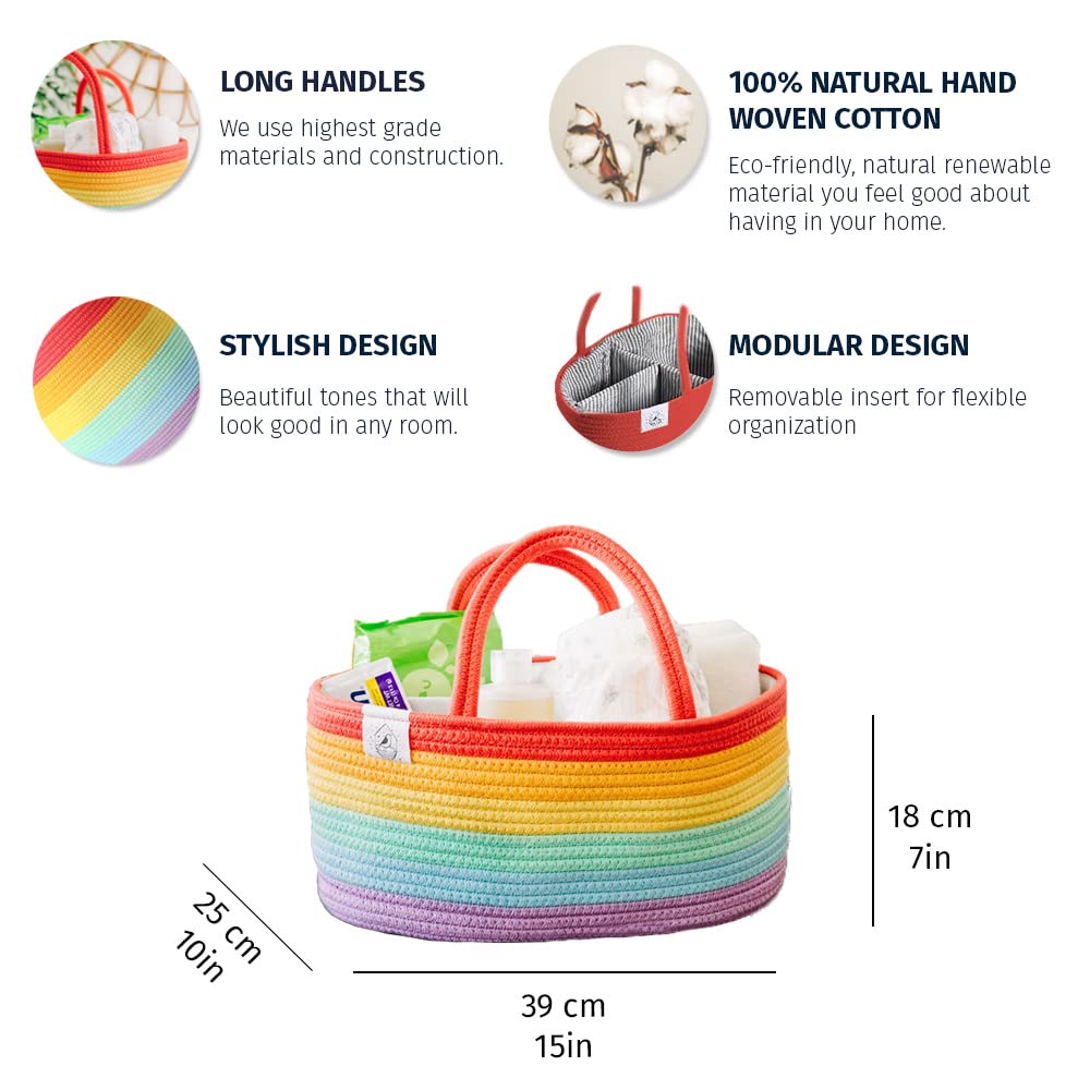 Organihaus Rainbow Baby Diaper Caddy Organizer For Girls, Nursery Rope Baby Basket For Organizer, Changing Table Organizer, Wove