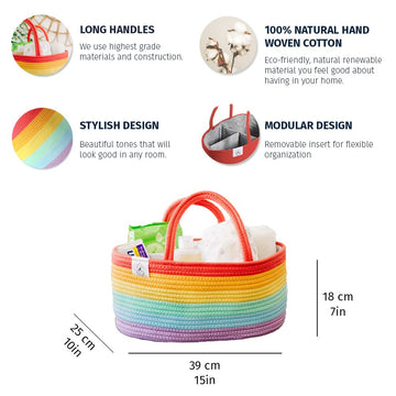 Organihaus Rainbow Baby Diaper Caddy Organizer For Girls, Nursery Rope Baby Basket For Organizer, Changing Table Organizer, Wove