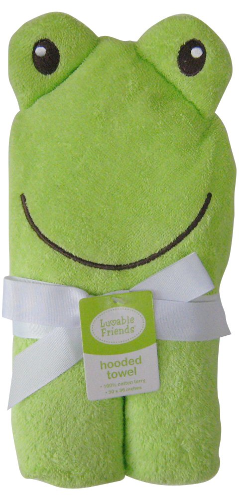 Luvable Friends Unisex Baby Cotton Animal Face Hooded Towel, Frog, One Size