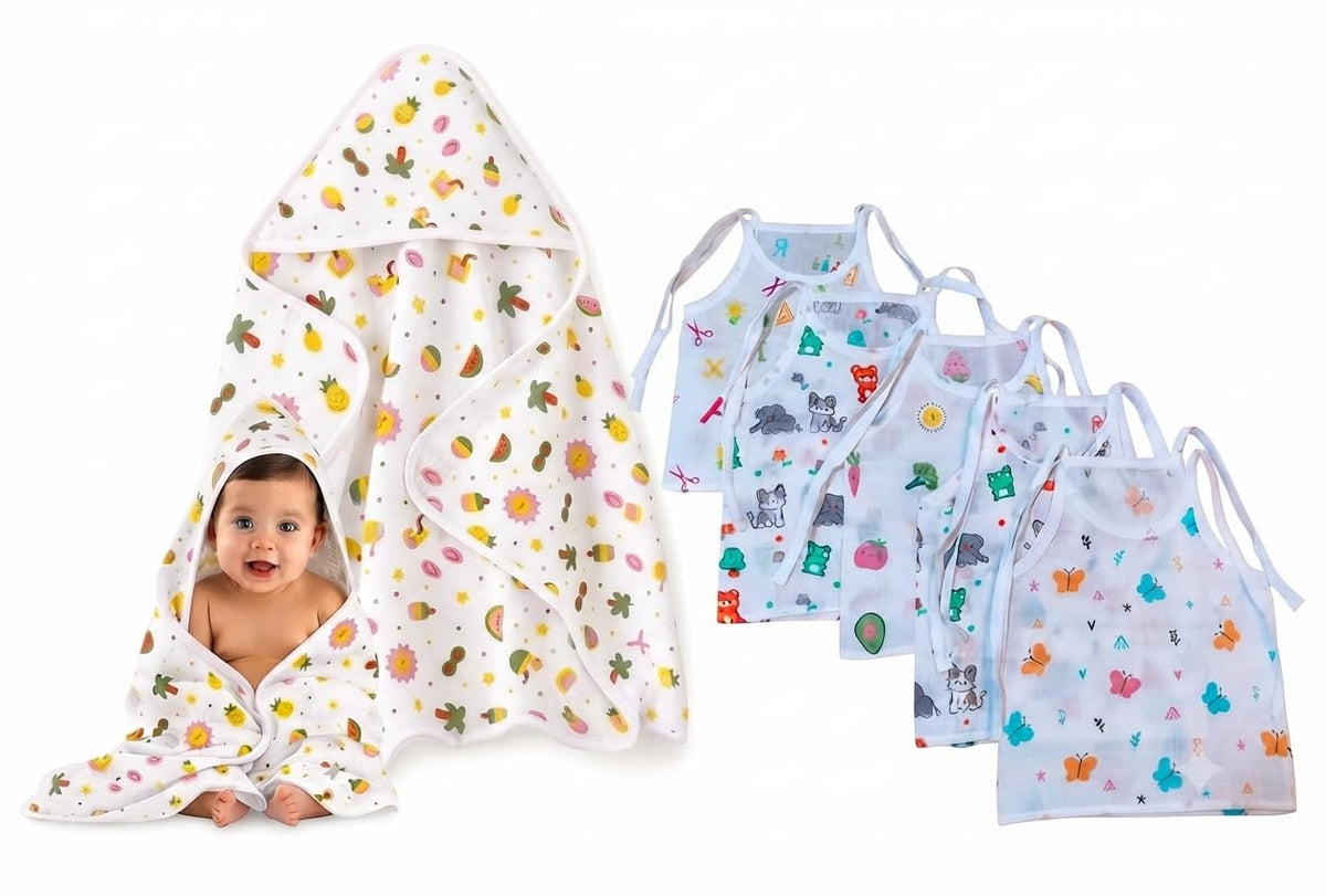 Bendom Muslin Cotton Sleeveless Knoted Jablas & Hodded Towel, for Baby Boys and Girls, Breathable Fabric with Cute Prints in AZO