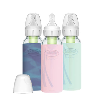 Dr. Brown'S Natural Flow Anti-Colic Options+ Narrow Glass Baby Bottle, 8 Oz/250 Ml, With Silicone Bottle Sleeve, 3 Pack, Glow/Pi
