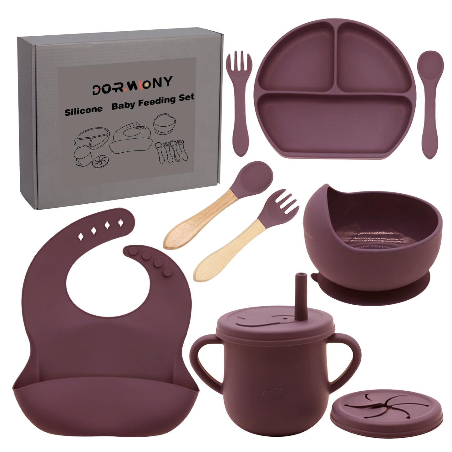 Dormlony 100% Silicone Baby Feeding Set, BPA Free Dishes With Suction Bowl, Divided Plate, Toddler Self Feeding Utensils, Spoons