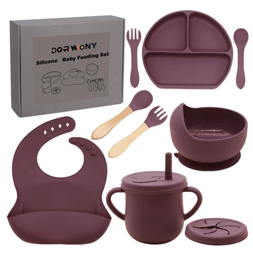 Dormlony 100% Silicone Baby Feeding Set, BPA Free Dishes With Suction Bowl, Divided Plate, Toddler Self Feeding Utensils, Spoons