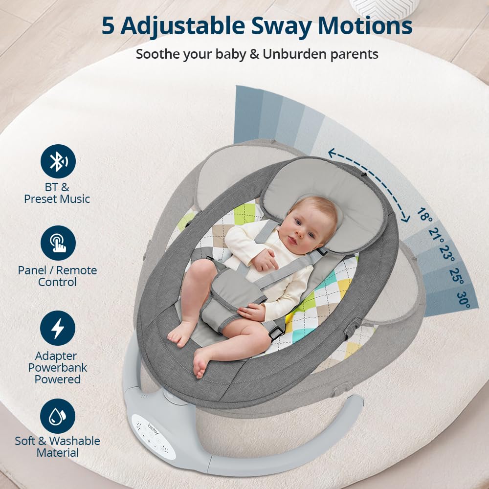 Bioby Baby Swing For Infants With 5 Natural Sway Speeds, Portable Bt Music Bouncer With Remote Control & 5-Point Harness, Lightw