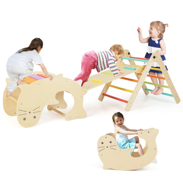 Costzon Climbing Toys for Toddlers, Foldable Montessori Wooden Arch Climber Ladder with Sliding Ramp, Play Table, Multi-Combinat