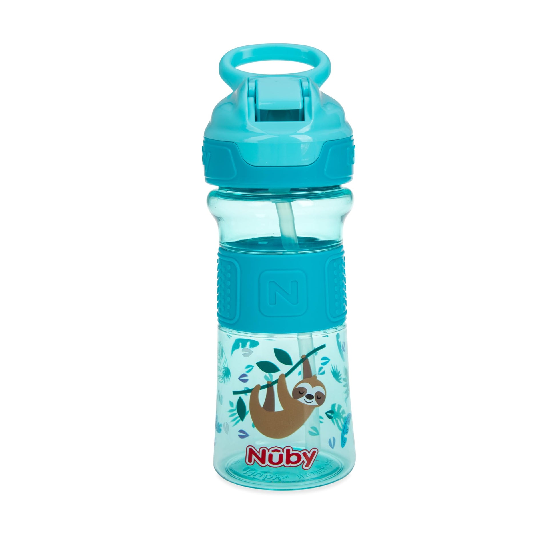 Nuby Thirsty Kids Push Button Flip-it Soft Spout on The Go Water Bottle with Easy Grip Band, 12oz, Sloth