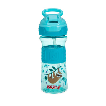 Nuby Thirsty Kids Push Button Flip-it Soft Spout on The Go Water Bottle with Easy Grip Band, 12oz, Sloth