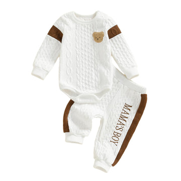 Gaono Baby Boy Fall Winter Clothes Mamas Boy Newborn Outfit Long Sleeve Bear Embroidery Cable Shirt Romper And Pants Set (A-Whit