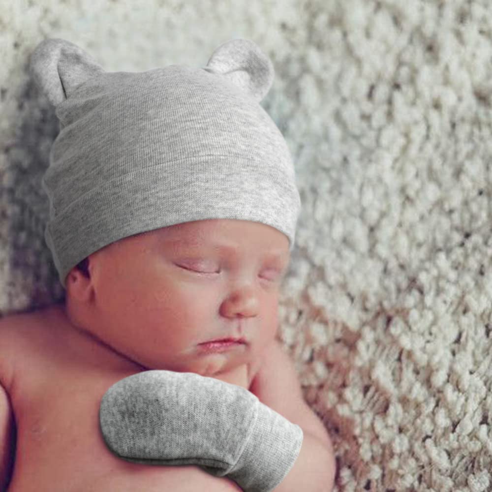 Bqubo Newborn Baby Hats Bear Ears And Mittens Sets Preemie Cotton Caps Baby Boy Girl Infant Hospital Beanie For 0-3 Months