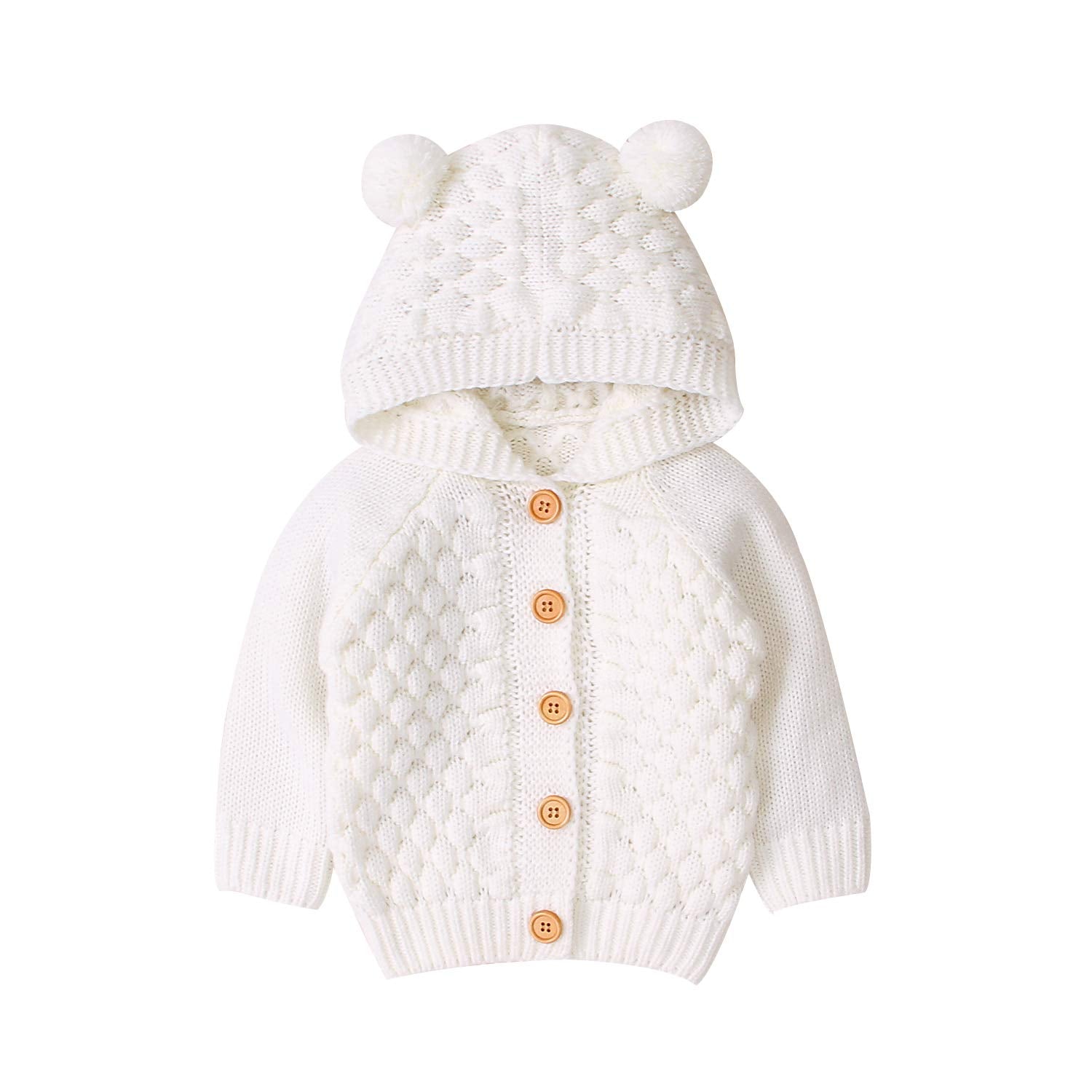 Mubineo Toddler Infant Baby Girl Boy Fall Winter Cable Solid Color Knitted Hood Cardigans Jacket Outwear With Ears (Cream White,
