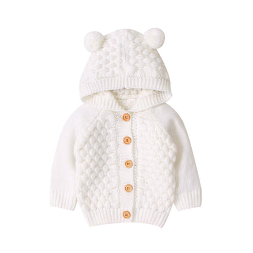 Mubineo Toddler Infant Baby Girl Boy Fall Winter Cable Solid Color Knitted Hood Cardigans Jacket Outwear With Ears (Cream White,