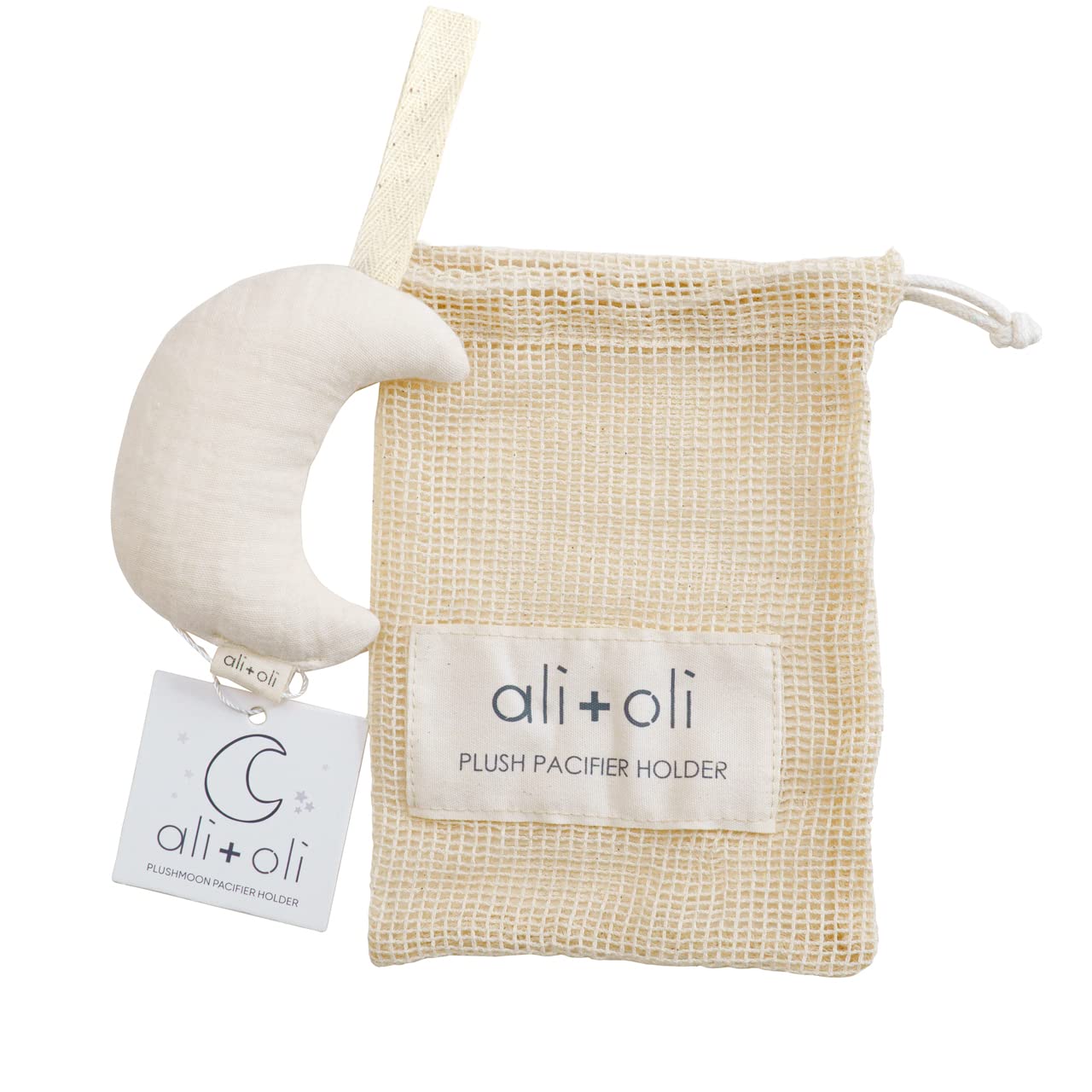 Ali+Oli Plush Muslin Cotton Pacifier Holder (Moon-Ivory) Soft Binky Holder for Babies, Plush Holder for Pacifiers, Cute Baby Bin