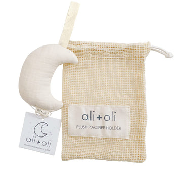 Ali+Oli Plush Muslin Cotton Pacifier Holder (Moon-Ivory) Soft Binky Holder for Babies, Plush Holder for Pacifiers, Cute Baby Bin
