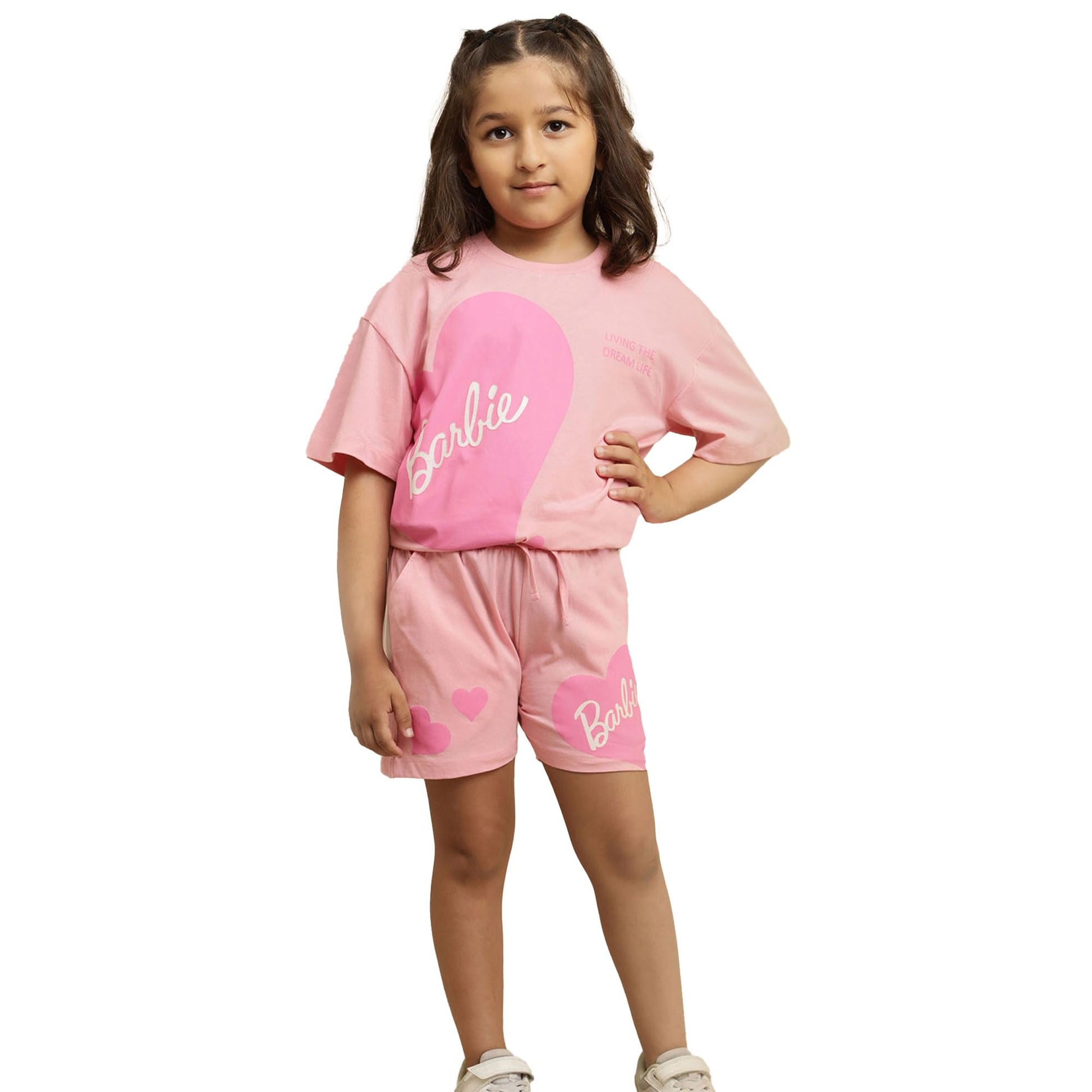 Kidsville Official Barbie Printed Relaxed Fit TShirt & Shorts Set for Kids Girls Candy Pink