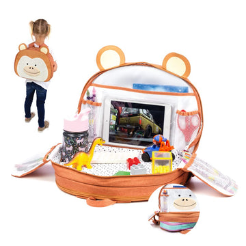 Lulyboo Toddler Car/Airplane Travel Activity Tray And Backpack With Firm Writing Surface, Built In Cup Holder And 7 Storage Pock
