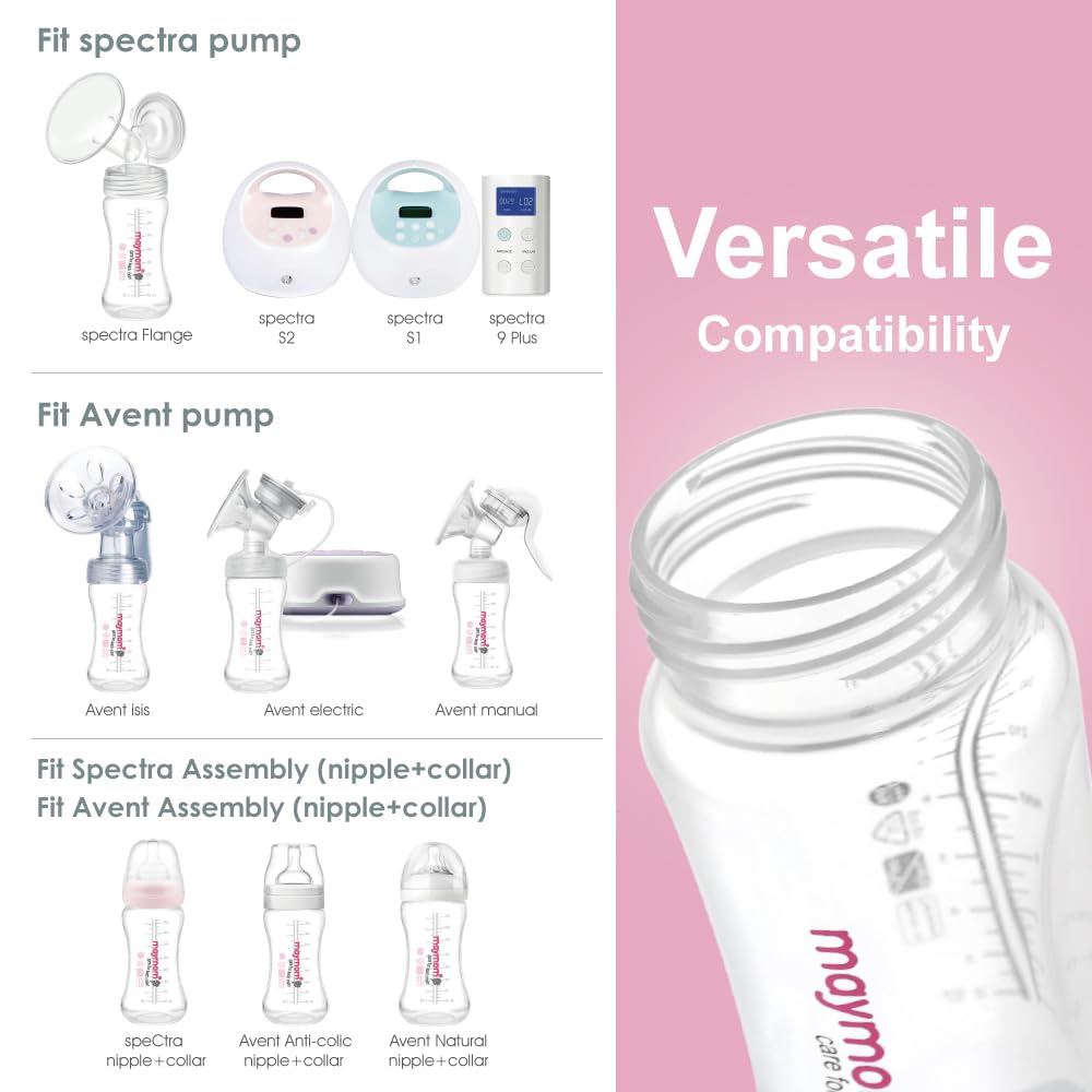 Maymom 9 Oz 4 Ct Wide-Mouth Milk Storage Collection Bottle With Travel Cap N Sealing Ring; Compatible With Avent Natural Avent C