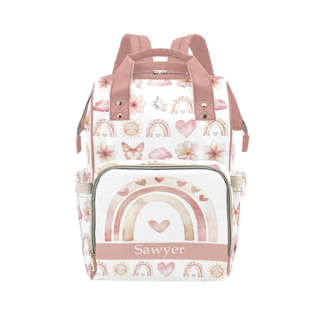 Custom Rainbow Pink Baby Diaper Bag with Name - Personalized Nursing Travel Tote Backpack for Mom or Dad, Custom Name Baby Daypa