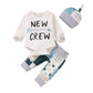 Unutiylo Preemie Newborn Infant Baby Boys Clothes New To The Crew Letter Print Bodysuit Plad Baby Bear Pants Hat Outfit Fall Win