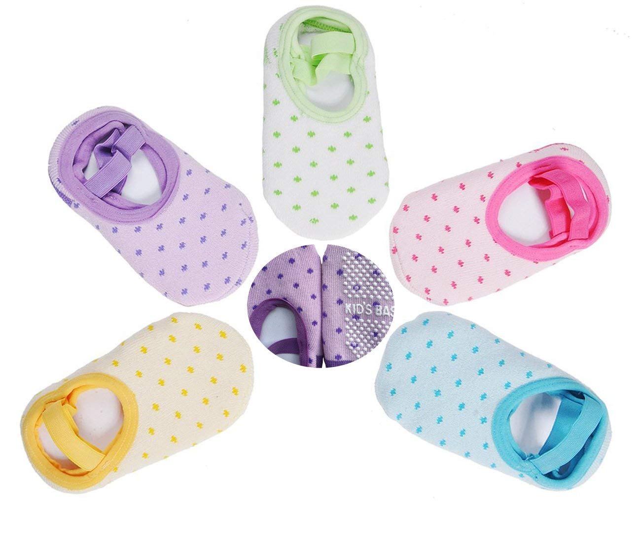 Kisgyst 5 Pairs Baby Girls Toddler Cartoon Dots Anti Slip Skid Foot Socks No-Show Crew Cotton Socks Sneakers 10-30 Months