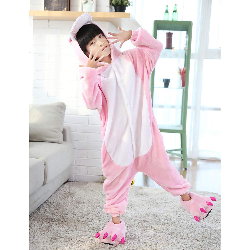 Fanhong Kids Dinosaur Onesie Pajamas Halloween Costume Child Christmas Cosplay Pyjama Plush Fleece Sleepwear (Pink Dinosaur, 2 Y