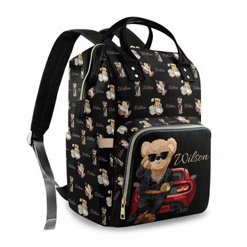 Custom Bear Diaper Bag Backpack For Baby Boy, Personalized Name Cute Large Nappy Nursing Orangizer Mommy Bags, Waterproof Travel